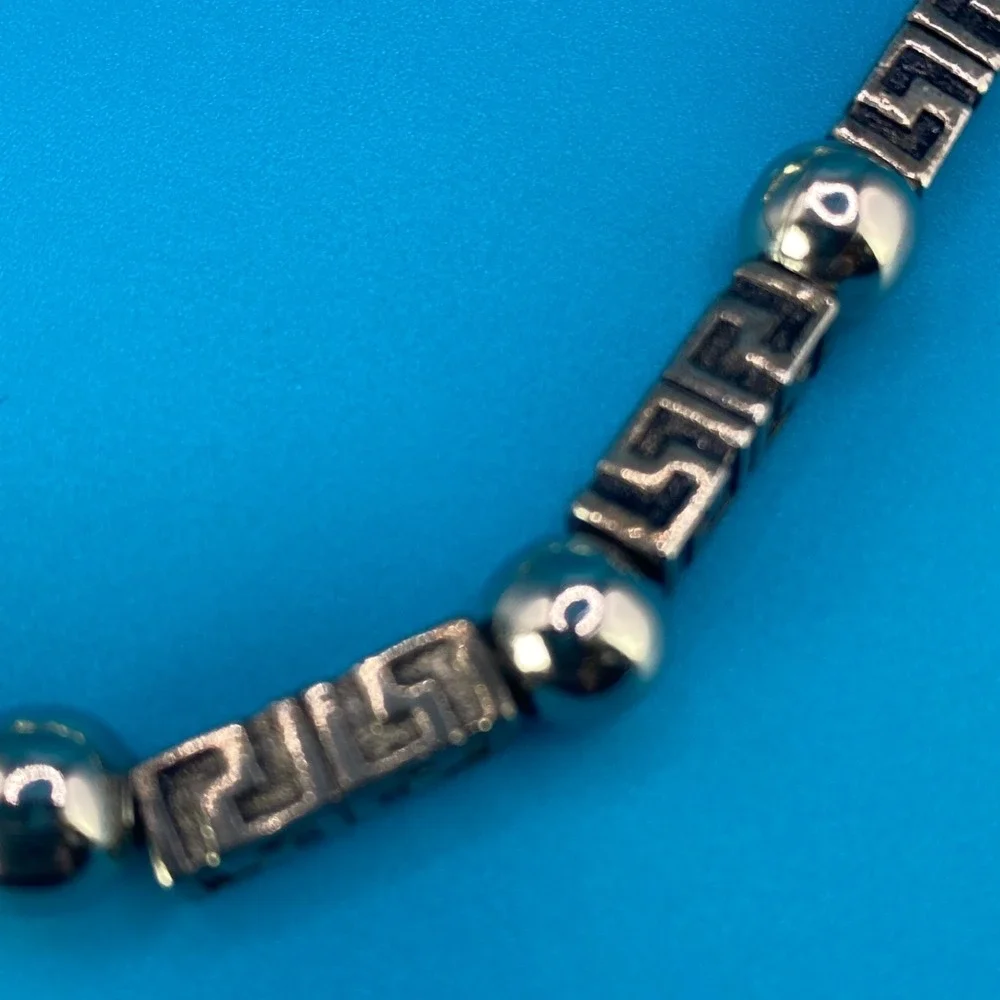 Silver Tone Greek Key Meander Bead Necklace & Large‎ Hoop Earring Set Pre-Owned